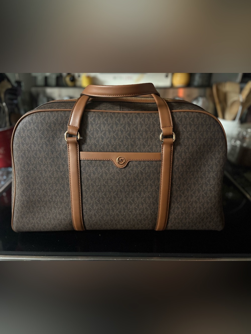 Michael Kors Brown Monogram Duffel with Tan Leather Trim